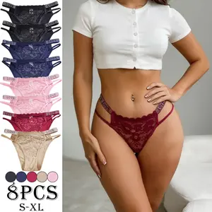 Women's 8-Pack Mid-Rise Lace Triangle Panties - Retro Chic, Minimalist Everyday Style, Wave Edge, Slimming Waist, Skin-Friendly, Breathable, Heart Cutout Design, Low-Rise Option