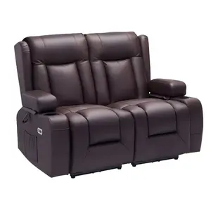 VEVOR Loveseat Recliner Sofa, Power Reclining Couch with Heating Massage and Timer, PU Leather Electric Recliner Sofa with Center Console, USB Ports, Cup Holders and Side Bags for Living Room