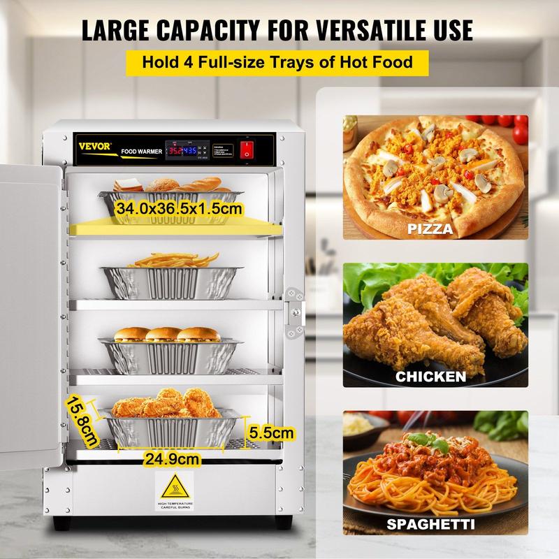 VEVOR Hot Box Food Warmer, 16"x16"x24" Concession Warmer with Water Tray, Four Disposable Catering Pans, Countertop Pizza, Patty, Pastry, Empanada, Concession Hot Food Hold Tested to UL Standards