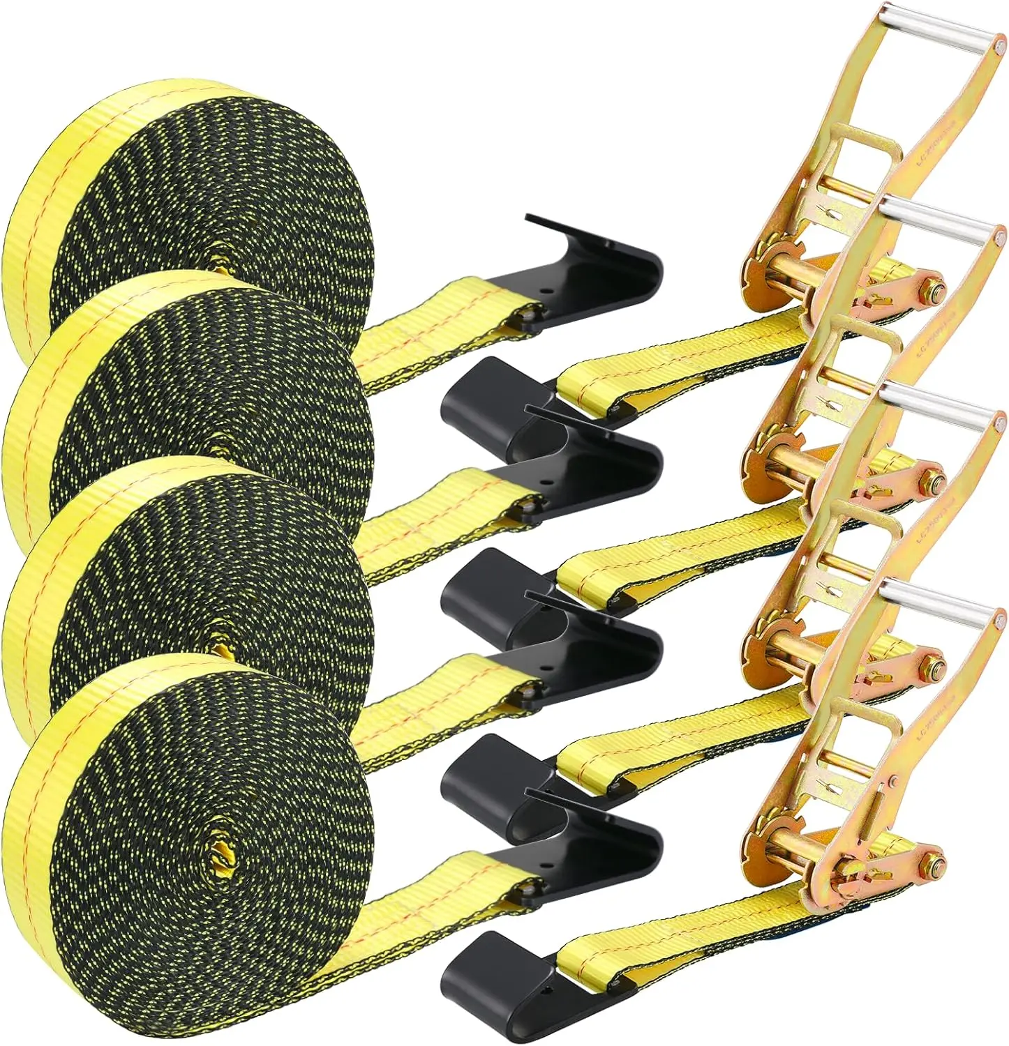 4 Pack 2 in x 27 FT Flat Hook Ratchet Straps (11,000 lbs Break Strength), Heavy Duty Tie Down Straps for (Yellow)