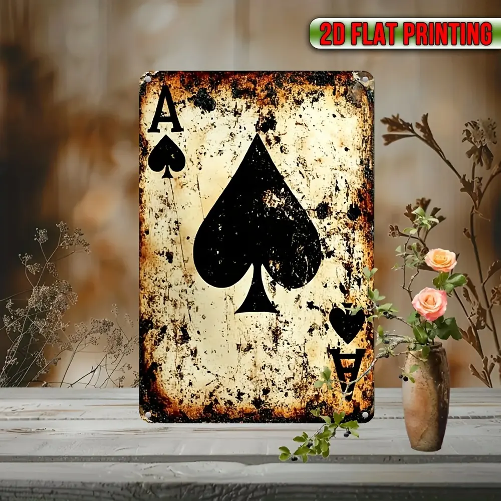 8x12 in Retro 2D Flat Ace of Spades Graphic Print Hanging Metal Wall Art - Rustic Iron Sign with Distressed Look, Man Cave-Bar Home Decor Plaque, Christmas Gift