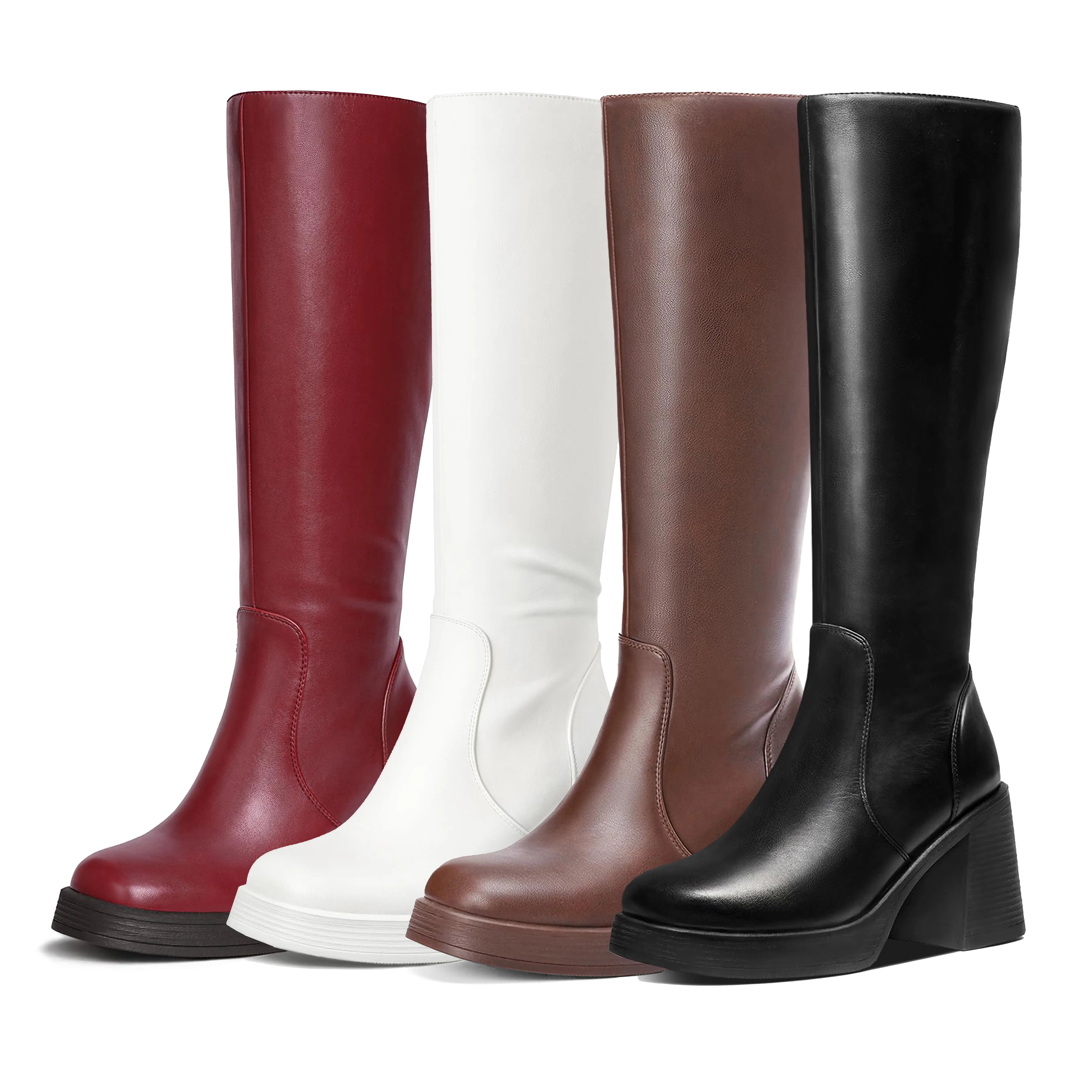 Black Knee High Boots for Women, Square Toe Chunky Block Heeled Platform Tall Leather Cogo Boots with Side Zipper Footwear Gir Walking Shoes Girl