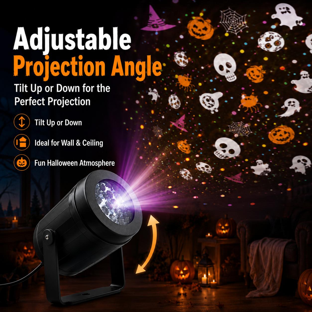 Halloween Projector Light, USB Powered Adjustable Projection Lamp with Ghost, Skull, Spider Web, Witch Hat, Moon, Spider & Bat Patterns for Bedroom, Kids Room, Party & Home Decor, Kids, Teens & Families