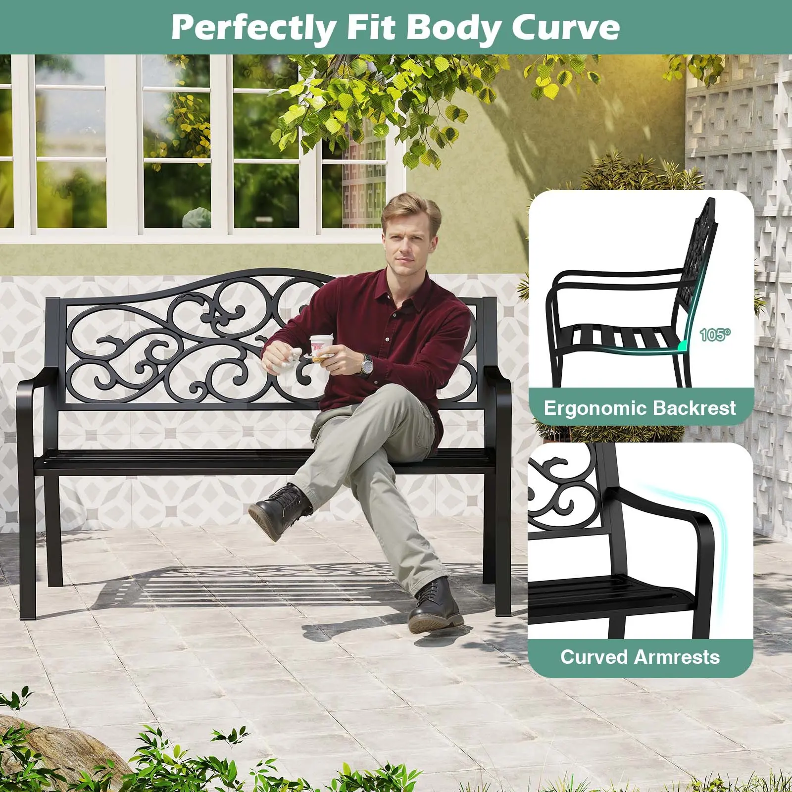 COSTWAY - 50 Inches Outdoor Cast Iron Metal Patio Bench with Floral Design Backrest and Slatted Seat-Black