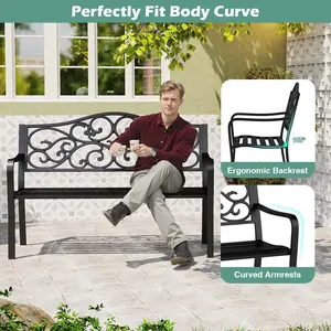 COSTWAY - 50 Inches Outdoor Cast Iron Metal Patio Bench with Floral Design Backrest and Slatted Seat-Black