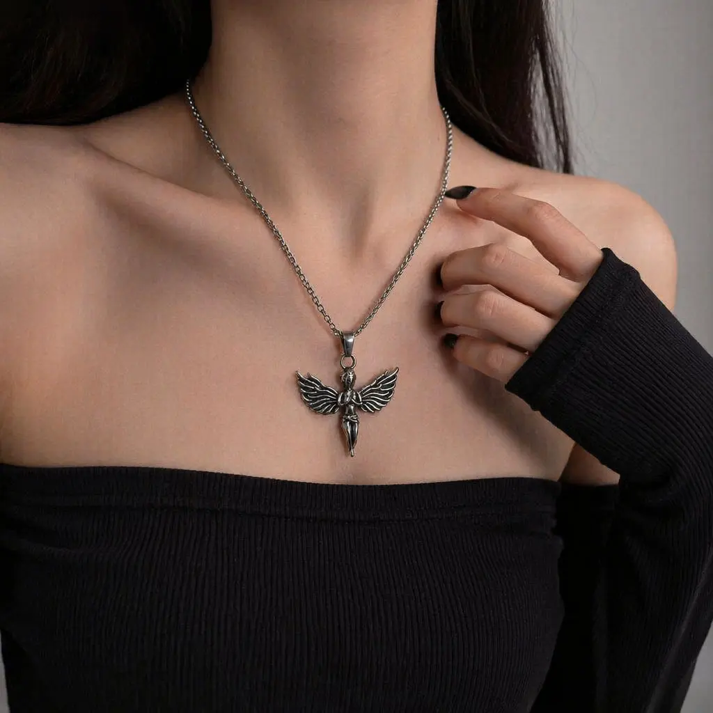 Women's Tarnish-Free Stainless Steel Angel Pendant Necklace with Detailed Wings, Gothic Look Jewelry, Unique Statement Piece for Everyday Wear & Gifting