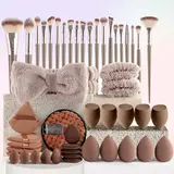 Yostyle 49pcs Multi-pack Beauty Brush Set - Makeup Brushes Kit with Ergonomic Handles, Comfortable Precise Handling, Cleaning Sponge, Sensitive Skin Safe Bag, Flawless Foundation Tool, Ideal Gift Set (Champagne),familyfun