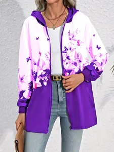 Women's Butterfly Print Zipper Hooded Jacket, Casual Long Sleeve Lightweight Outerwear, Street Fashion Embroidered Top