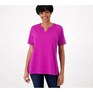 Denim and Co. Essentials Favorite Jersey Split V-Neck Swing Top