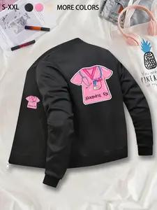 Custom Name & RN Nurse Themed Black Jacket - Polyester Knit Fabric with Pockets, Fitted Style for Autumn/Winter, Random Print Pattern Suitable for Young Adults.