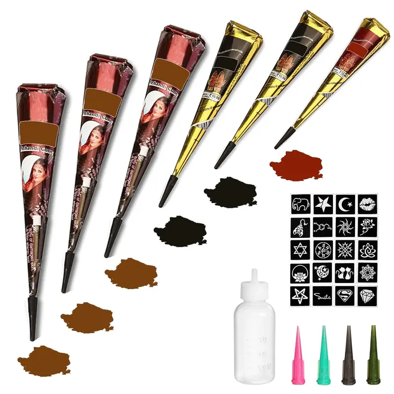 Temporary Tattoos Kit, 6Pcs Semi Permanent Tattoo Paste Cones, India Body DIY Art Painting for Women Men Teens,Summer Trend Freehand Plaste with 3 Colors,20Pcs Adhesive Stencil,1Pc Bottle,4Pcs Nozzles