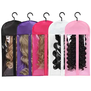 Wig Storage Bag with Hook, Zipper Transparent Dustproof Wig Storage Bag, Hair Extension Holder Dust Cover, Reusable Plastic Cover, Pink Wig Bag, Wig Storage Plastic Cover for Multiple Wigs, Dustproof Design, Household Dust Cover