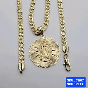 Virgin Mary Pendant Chain Cuban Link Style Diamont Cut 24 Inches 6 Millimeters Laminated Gold Elegant Jewelry SKU CH07 PE11