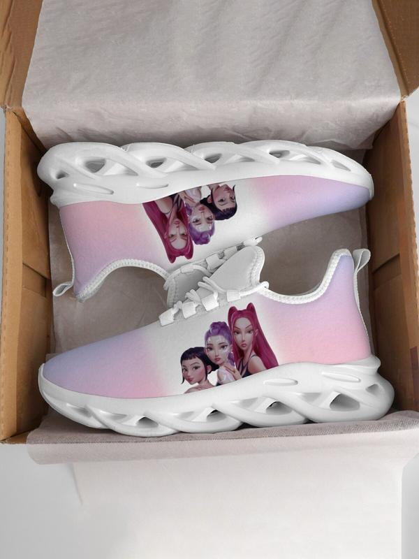 K-Pop Hunter Girl Pattern Kids Shoes, Breathable Mesh Lace-Up Low Top Eva Sole, Durable Fashion Casual Sporty Children Sneakers