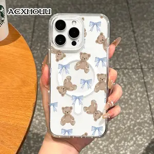 Magnetic Coquette Case for iPhone 17 16 E Pro Max 15 Plus 14 13 12 11 XS XR, Pastel Teddy Bears and Bows Design | Shockproof, Girly, Stylish, Silicone, and Trendy Protection
