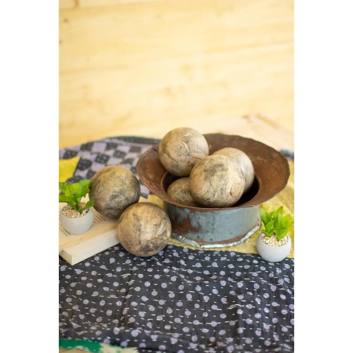 Set Of Six Hand Carved Mango Wood Spheres