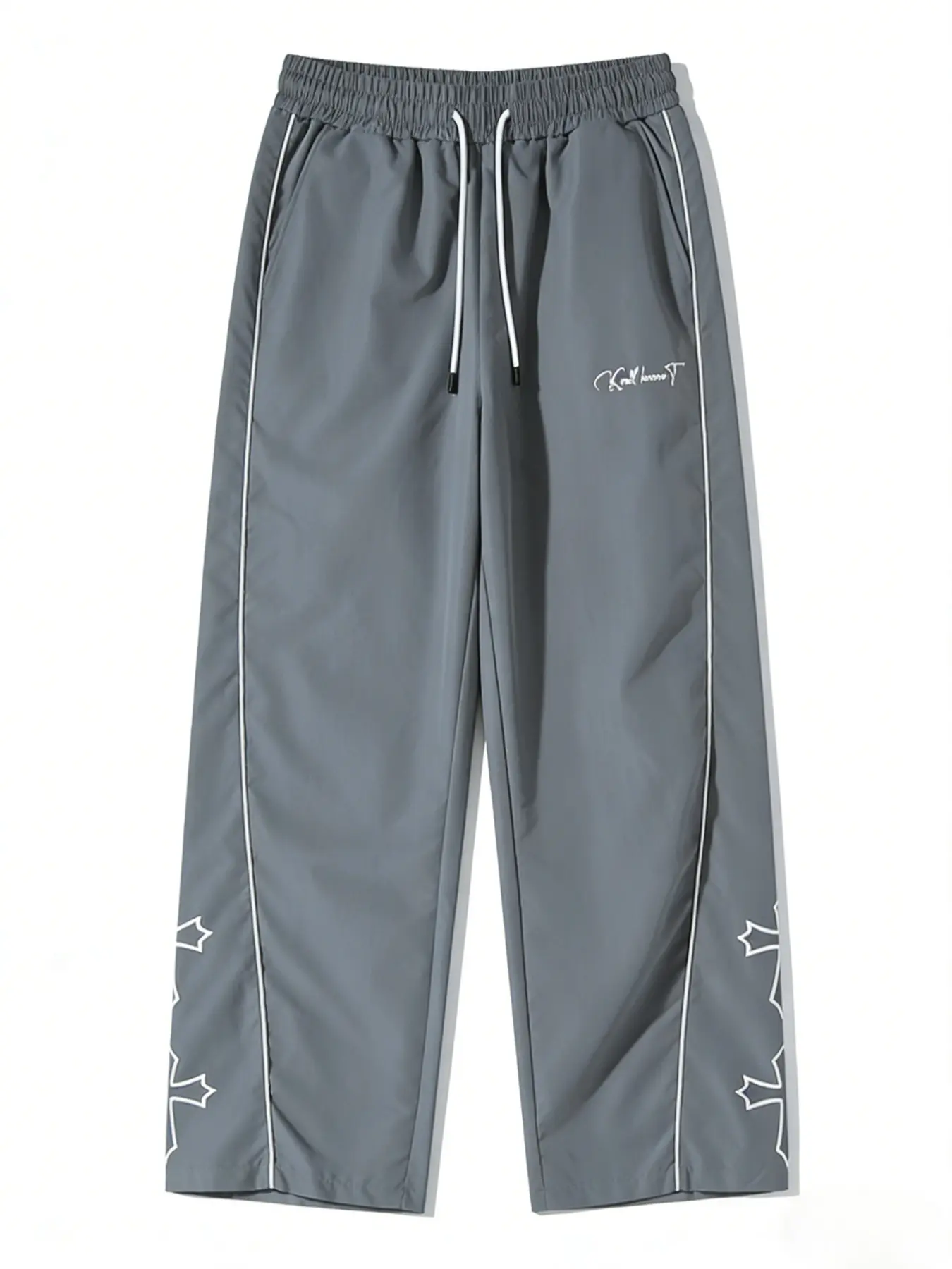 Cross Stitch Embroidered Men's Casual Cargo Pants, Side Reflective Stripes, Loose Straight Leg, Spring Summer Streetwear, Daily Commute