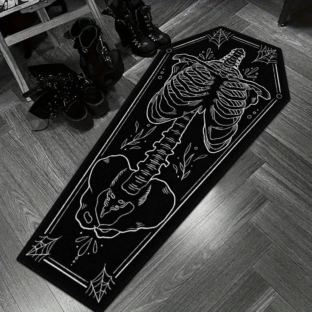 1pc Halloween Rug, Decorative Area Rug, Home Decor Rugs, Coffin Shaped Floor Mat, Gothic Style Coffin Shaped Mat with Skull Design, Halloween Home Decor, Irregular Shape Decorative Rug for Bedroom and Living Room Decoration, 100% Polyester, Hand Wash Only