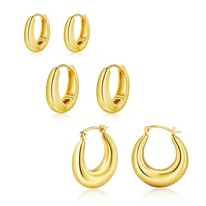 TEWIKY 14K Gold-Plated Earrings Set - Conical Hoop, Large Plain, Small Plain - Perfect for Valentine's Day Gift - Versatile and Elegant Jewelry