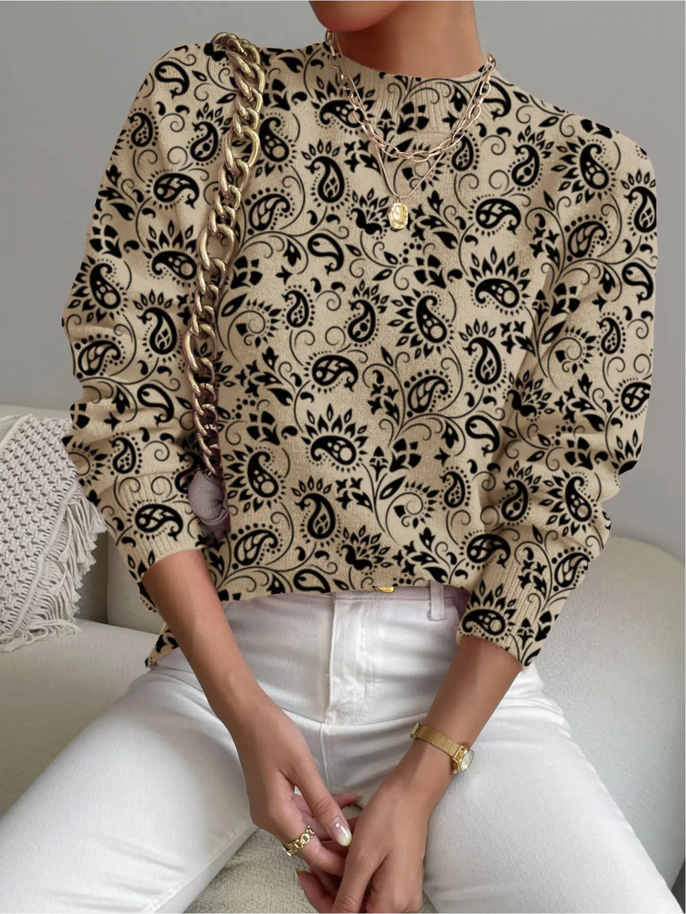 Women's Paisley Print Stand Collar Sweater, Fall Winter Casual Long Sleeve Knitwear, Comfortable Warm Daily Wear, Elegant Fitted Top