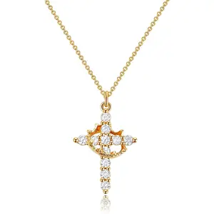 Simple Crown Cross Necklace for Women, 14K Gold Plated Crown Cross Pendant Necklace, Non-Tarnish Faith Jewelry for Women, Pretty Crown Cross Necklace For Daily Party Clothing Decor Trendy All-match & Exquisite Jewelry For Valentine's Day gifts