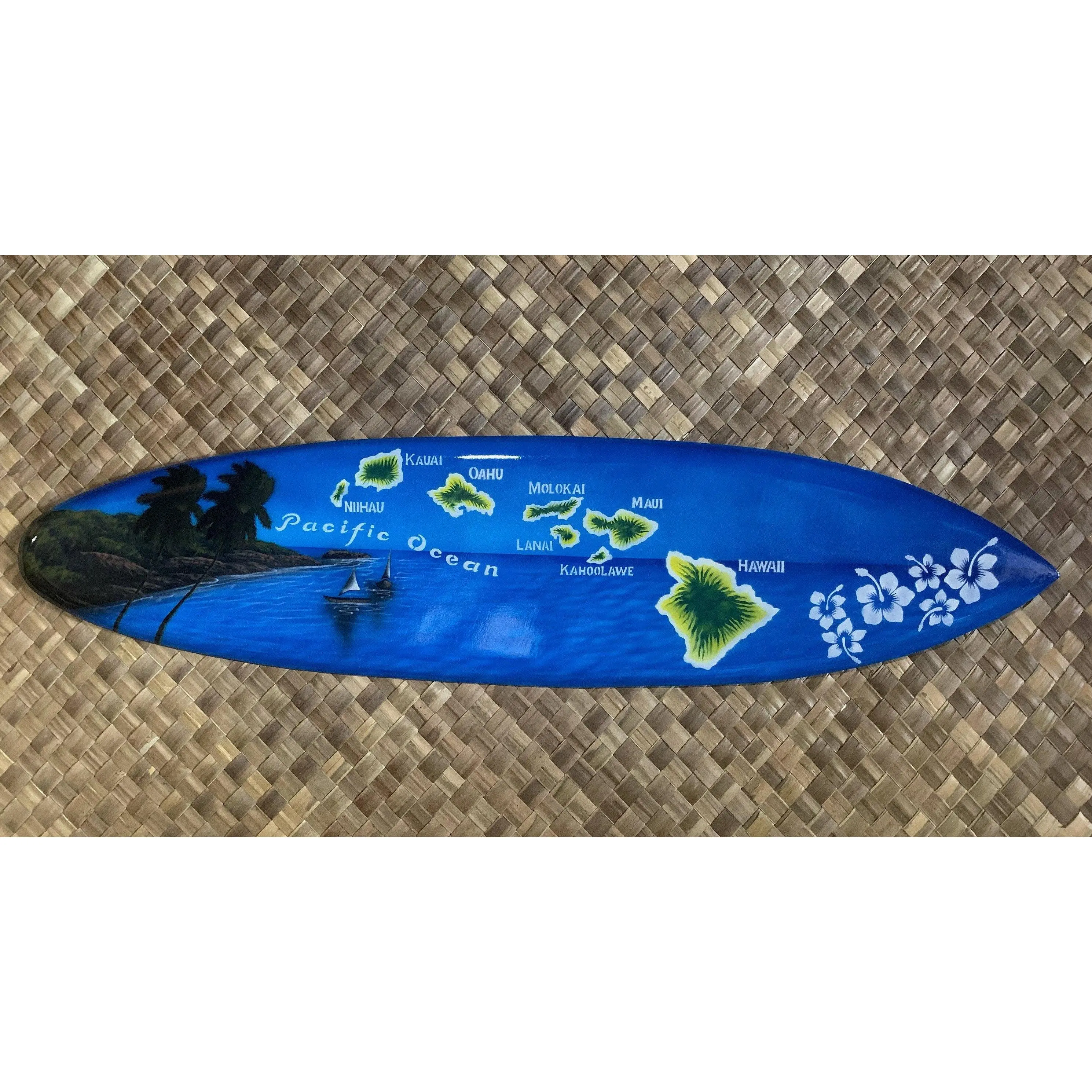 Hawaiian Islands Airbrushed Mango Wood Surfboard Wall Plaque Tiki bar Decor 39"