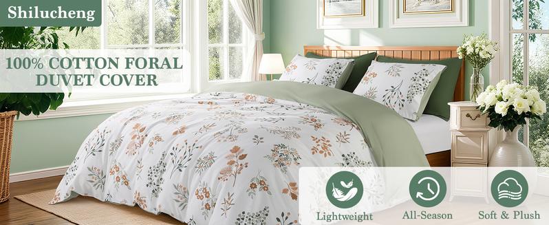 Shilucheng Floral Cotton Duvet Cover 3 Piece Set Soft Breathable Botanical Print Bedding Comforter Cover Perfect To Upgrade Your Bedroom Atmosphere bed  set cozy  bed  sheets
