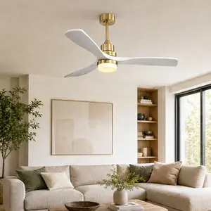ARCH 52-Inch Ceiling Fan with Dimmable LED Light, 3 Solid Wood Blades, Remote Control, 6-Speed Reversible Quiet DC Motor, Gold Metal & Wood Design, Brushed Nickel/Gold Color Options, for Living Room, Bedroom
