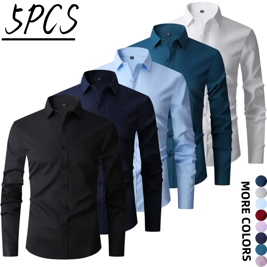 Set of five solid-color, tailored men’s long-sleeve shirts with notched lapels—urban casual style. Solid basic design with a standard button placket and smooth, wrinkle-resistant fabric. Suitable for men’s commuting, shopping, and exploring stores; relaxe