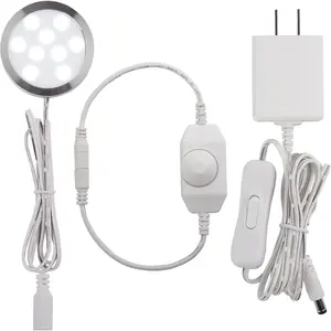 Single LED Puck Ac-Powered Cord-Mounted Lighted Under-Cabinet Light, 120VAC Plug-In with Rotary Dimmer Switch, White Cord, Cool White for Kitchen Counter & Closet Accent Lighting, Ac-Powered Under-Cabinet Lights, Cord-Mounted Under-Cabinet Lights