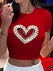Women's Crop Top T-Shirt, Slim Fit,, Round Neck, Short Sleeves, Sequin Heart Decoration, "LOVE" Letter Print