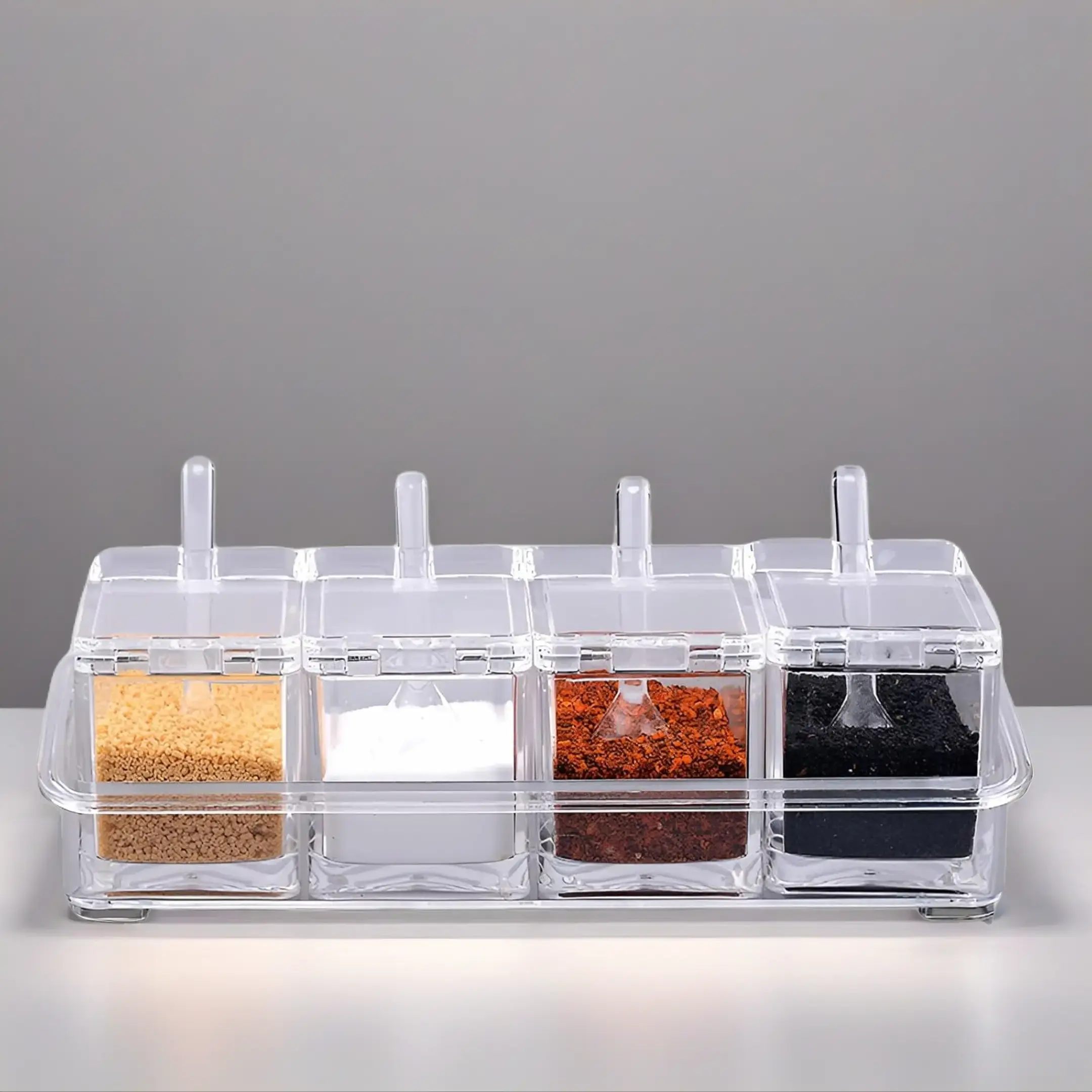 SURUIHK Rectangle Eco-Friendly Crystal-Clear Acrylic Spice Box Set - 8.66x2.95x3.03 Inches Dustproof Containers with Spoons, Lids, Rack for Kitchen Organization, Baking Supplies, Toppings, Cafes (Crystal-Clear Build for Easy Content Visibility)