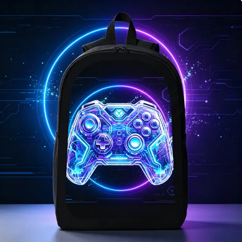 Crystal Neon Gaming Controller Backpack – Designed for gamers and students; unisex style suitable for teens; features a laptop compartment; ideal for casual daily use, school, or travel; a great back-to-school gift for boys and girls.