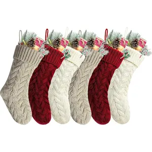 18" Unique Burgundy, Ivory White and Khaki Knit Christmas Stockings Style3 Pack of 6