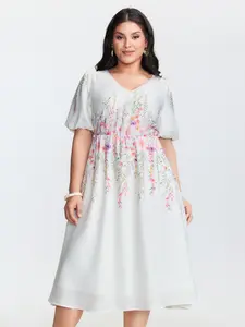 【Summer Turn-Up】【Vacation Midi-Dress】 Bloomchic Floral Print V-Neck Bubble Sleeve Midi Dress 2026 Summer Pick for Mother's Day