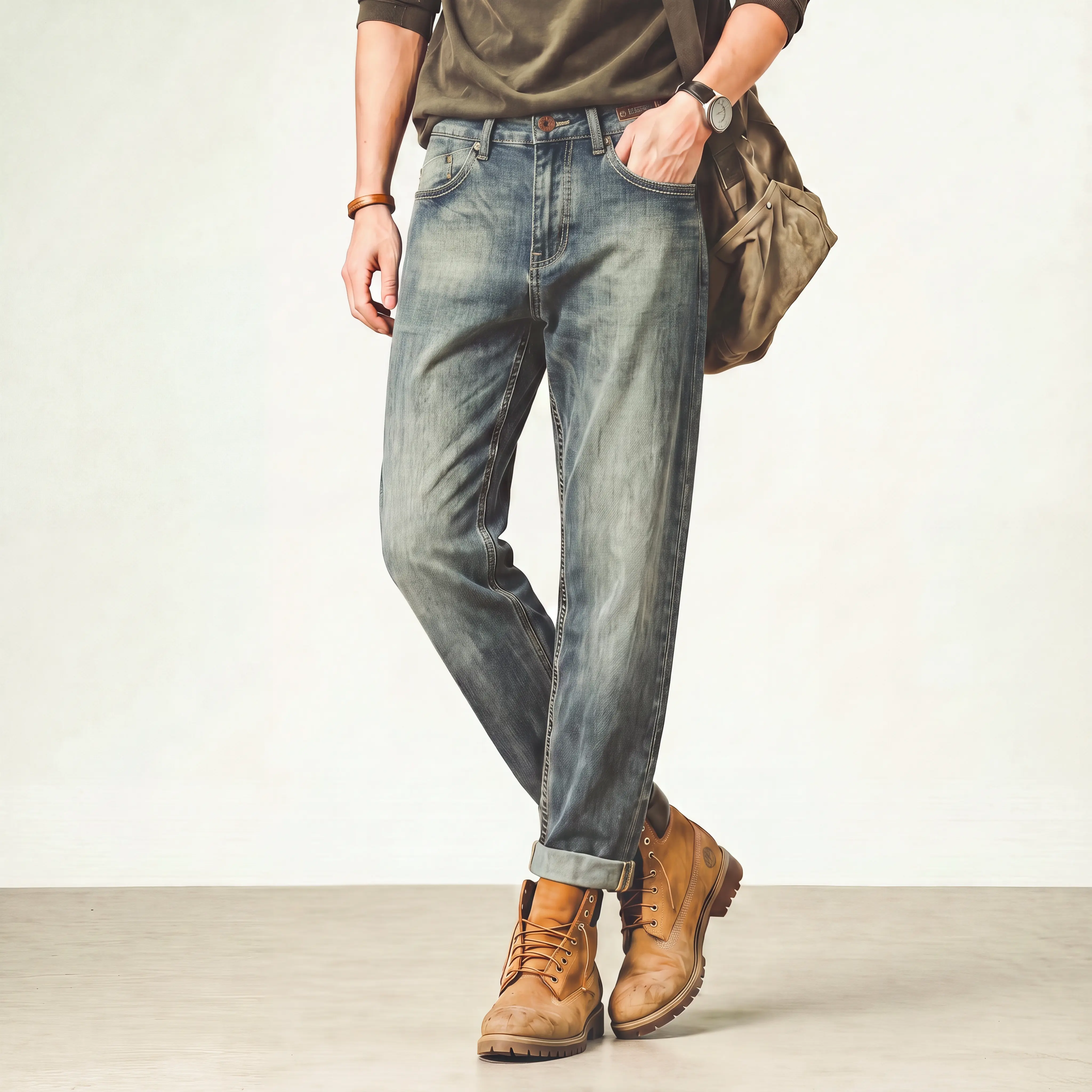 [P461] Men Vintage Mud Wash Straight Jeans Diamond Embroidery Waist Denim Pants