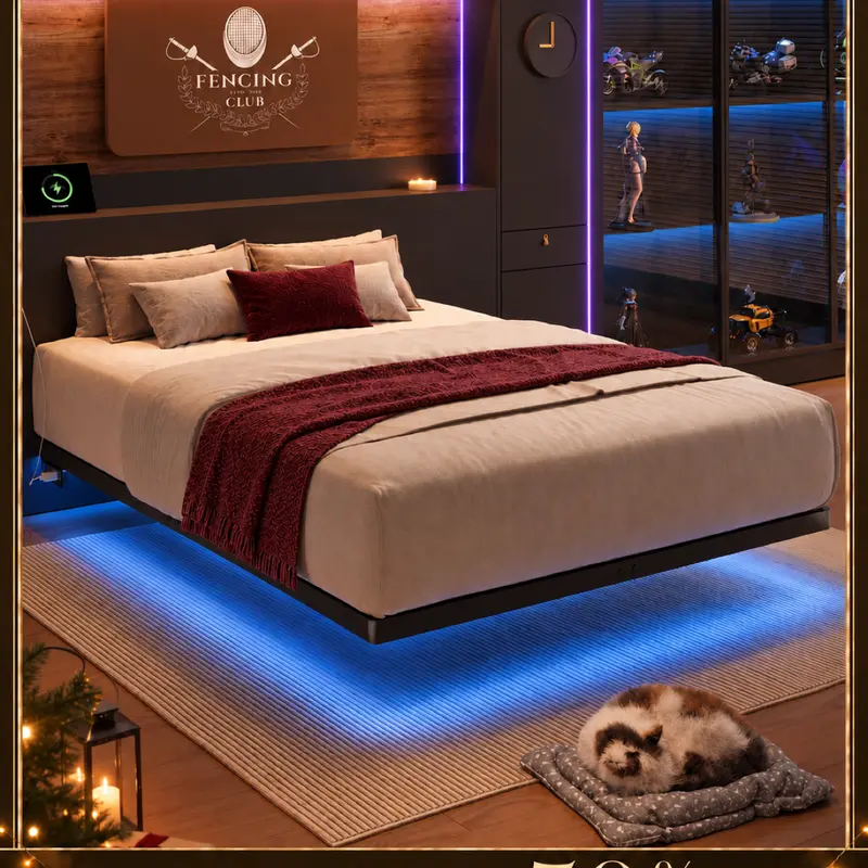 【Black Friday】ONBRILL LED Floating Bed Frame, Full/Twin/Queen/King Bed Frame with Power Outlet, Heavy Duty Metal Platform Bed Frame, Camas Queen, Easy Assembly, No Box Spring Needed, Noise-Free, Bedroom Furniture