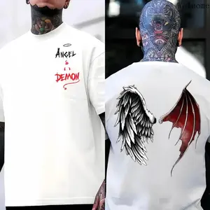 Angel Demon Wings 100% Cotton Double Sided Printed Black Dark Street Style Unisex Loose Fit Y2K Vibe Casual Men's Short Sleeves T-Shirt