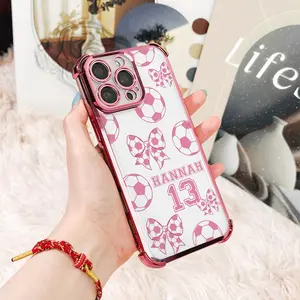 Custom Name Pink Soccer Bow Magnetic Phone Case, Personalized Number Cute Coquette Electroplated Transparent Shockproof Protective Cover for iPhone 17/16/15/14/13/12/11/XS/XR/X/8/7/6S Mini/Plus/Pro/Pro Max/SE & Samsung Galaxy S25/S24/S23/S22 Ultra