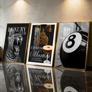 3Pcs Aluminum Alloy Framed Painting, Leopard Martini And Eight Ball Art Picture, Animal Print Design, Home Decoration For Living Room, Bedroom, OfficeWall Decor, Odorless Print Artwork, Luxury Perfect Gift For Friends And Family