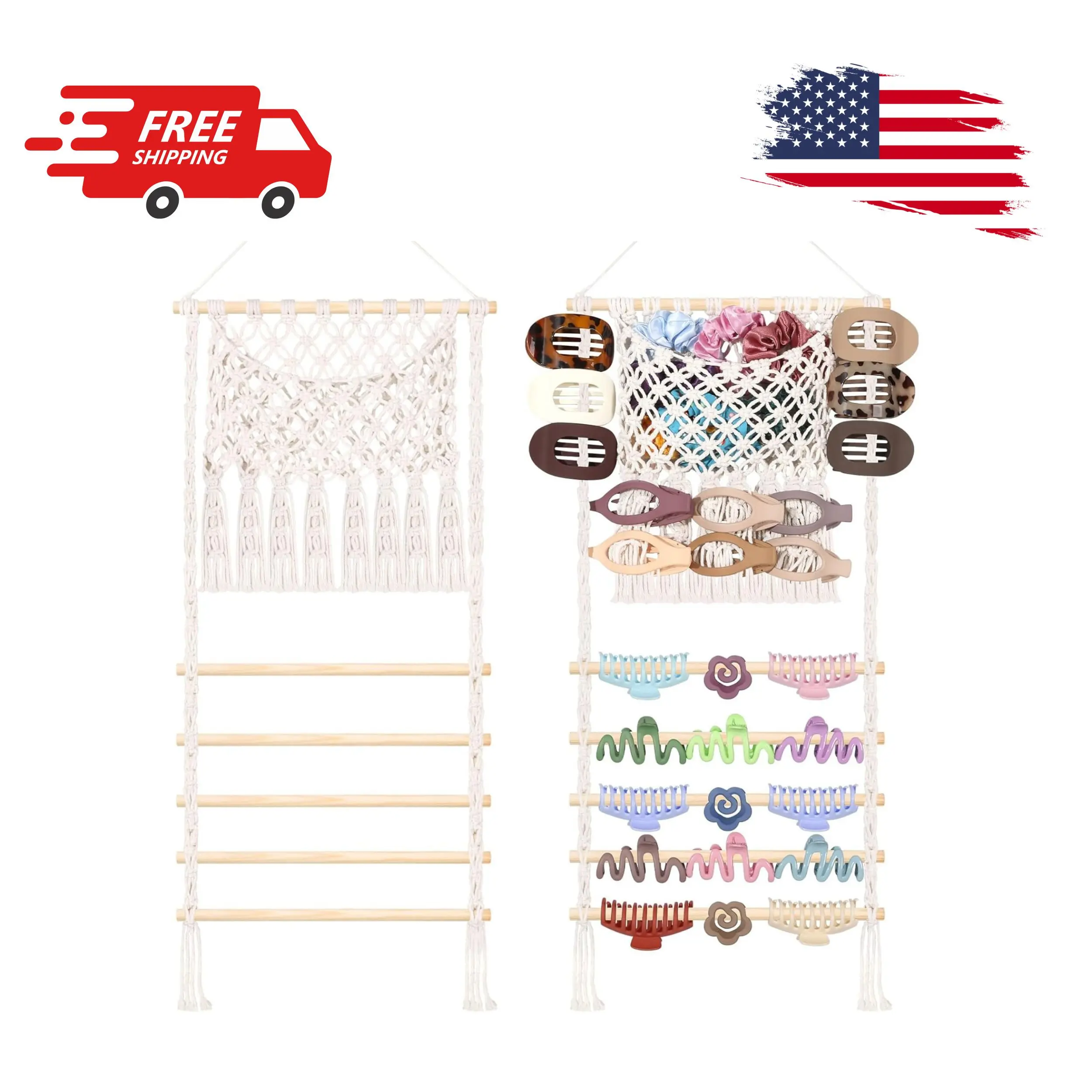 Macrame Hair Claw Clip Organizer,Large Capacity Mesh Bag Scrunchies Holder and Hair Ties Organizer