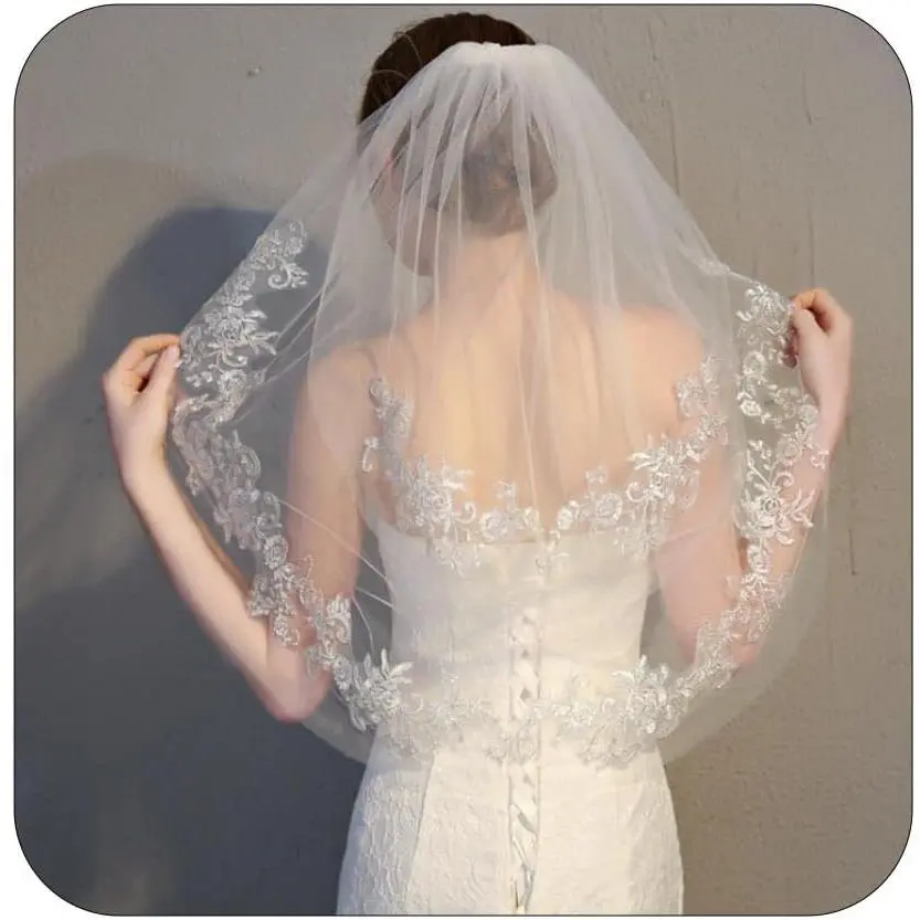 Floral Bride Wedding Veils for Brides Short Flower Lace Veils 2T 2 Tier Veil  Length Bridal Veils Soft Tulle