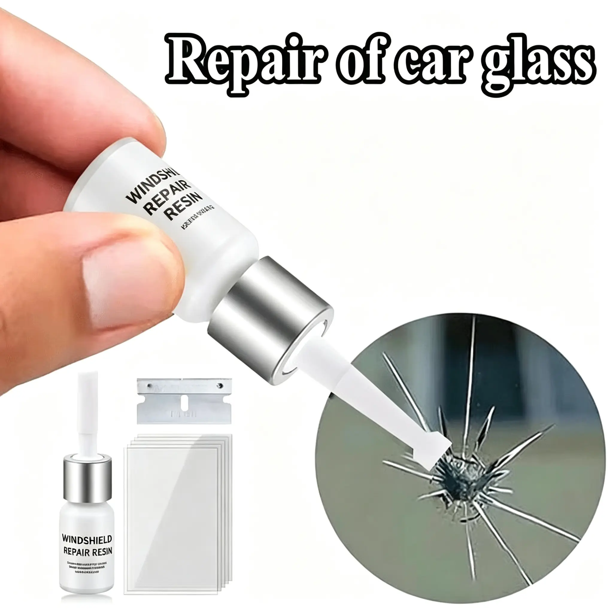 Car Windshield Crack Repair Kit, Auto Glass Repair Fluid for Chip and Crack, DIY Windshield Repair Kit with Resin and Curing Film