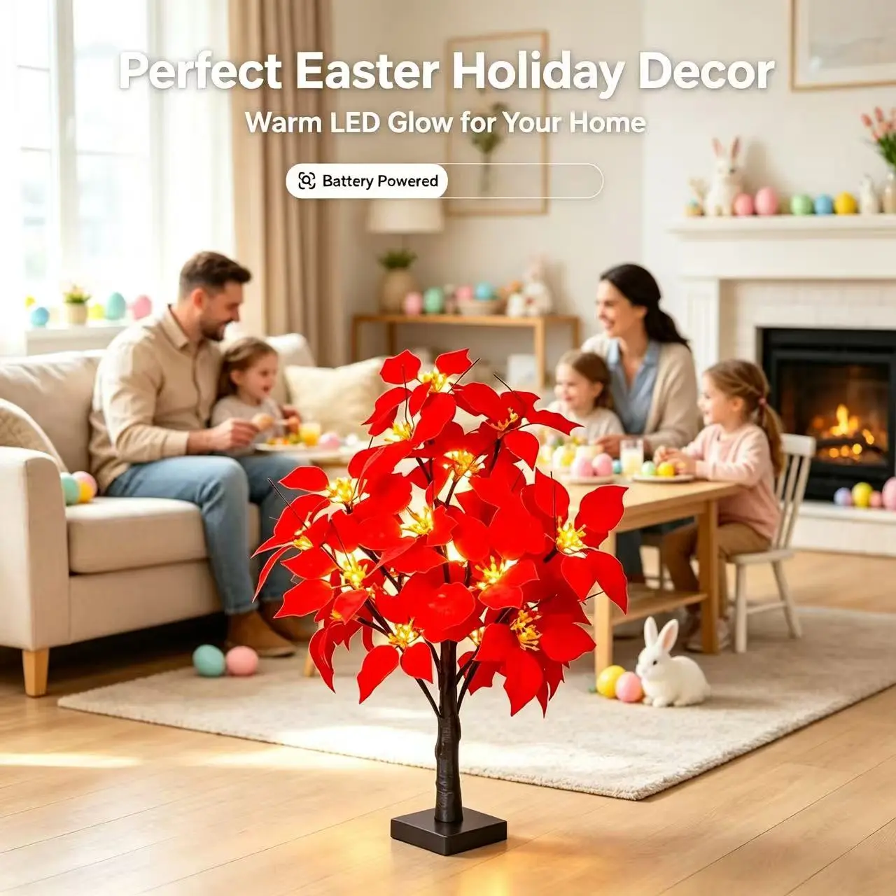 23-Inch Battery-Powered LED Light-Up Red Poinsettia Artificial Table Tree, Festive Christmas Home Desktop Decoration, Ideal Holiday Gift, Santa Ornament, Campfire Nightlight ambient glow Set xmas