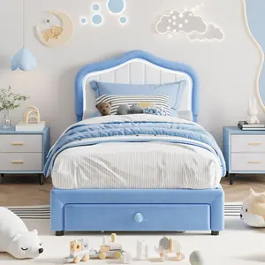 Garvee Upholstered Twin Size LED Bed Frame with Storage Drawer, Velvet Platform, Wooden Slats Support, No Box Spring Needed, Easy Assembly, Blue