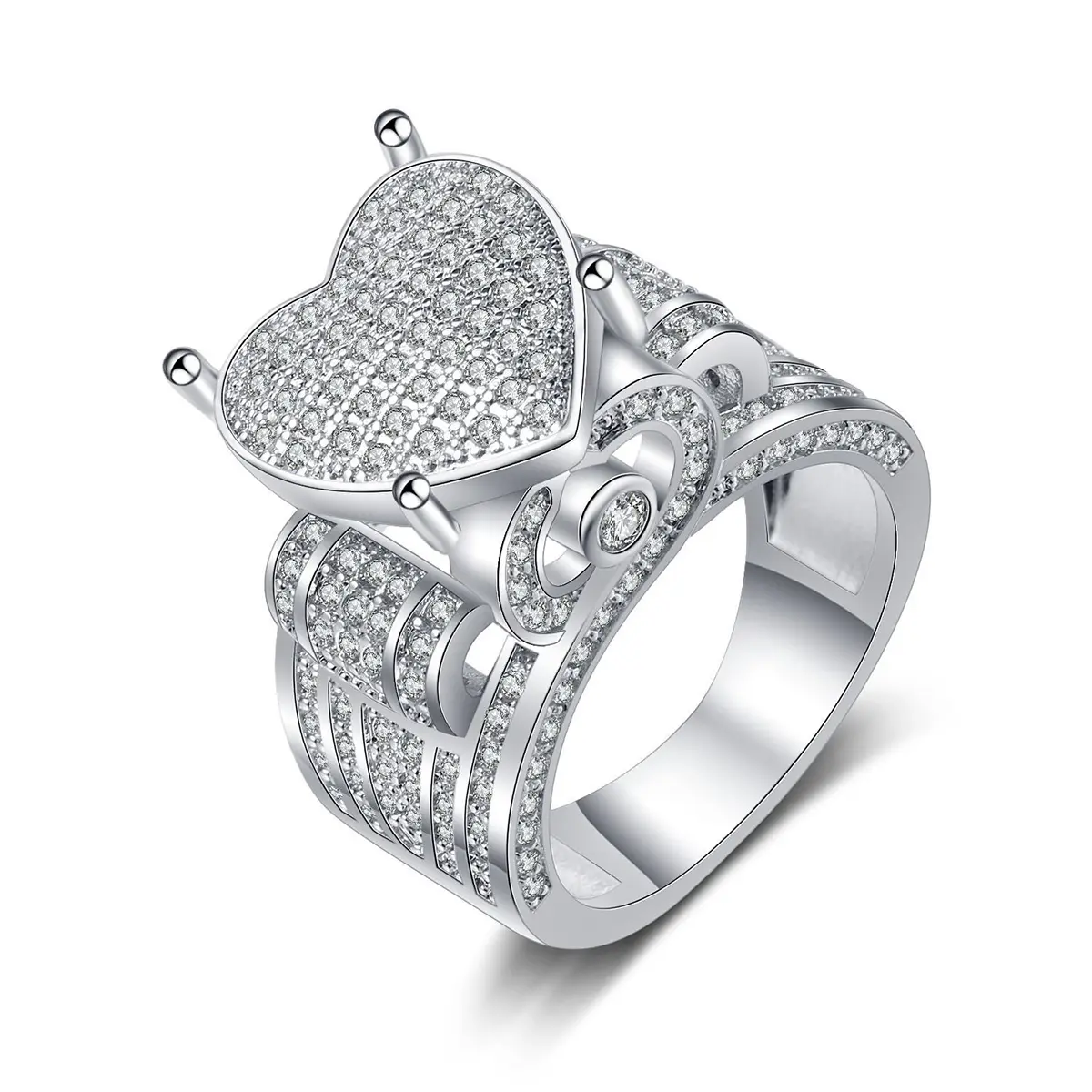 Statement Ring for Women, Platinum Plated Vintage Hip Hop Heart and Crown Jewelry, Fully Paved with Elegant Glittering AAA Cubic Zirconia, Cubic Zirconia Designs