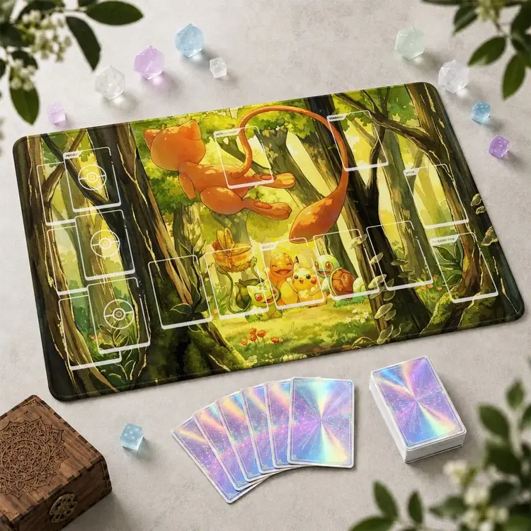 PKM Mew Forest Playmat Anime TCG Playmate - Meme Mousepad & Deskmat - With Zones