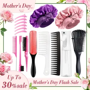 【Mother‘s Day】Pink Hair Brush Set 17 Counts Detangler Wide Tooth Comb Satin Bonnet Nylon Bristle Brush Edge Tool Kit for Curly Hair Styling,Haircare