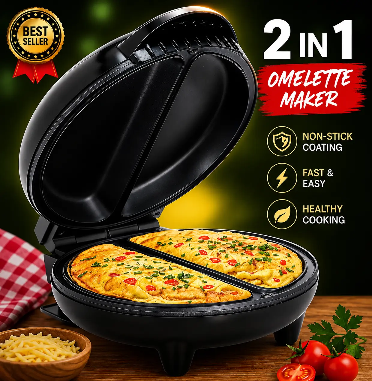 6.5-Inch (6.5x3 in) Black Non-Stick Double Slot Omelet & Frittata Maker - Steel Plates, Makes 2 Individual Portions, Portable Kitchen Cookware for Quick Breakfasts