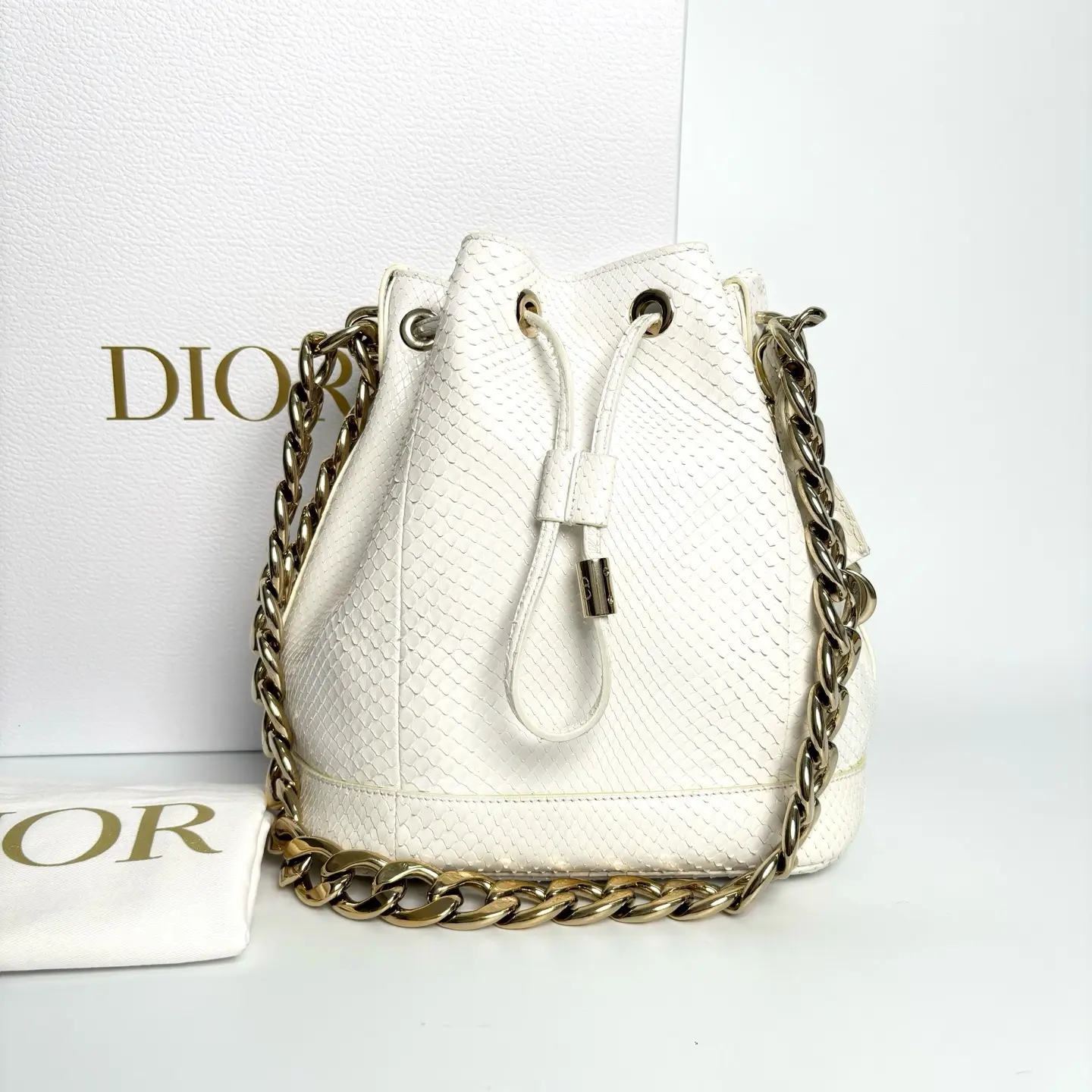 Pre-owned Dior D Bubble Bucket White Python Leather Gold Hardware Drawstring Chain Bucket Bag 2015 Base Length Approx 16cm Item No.N23892323
